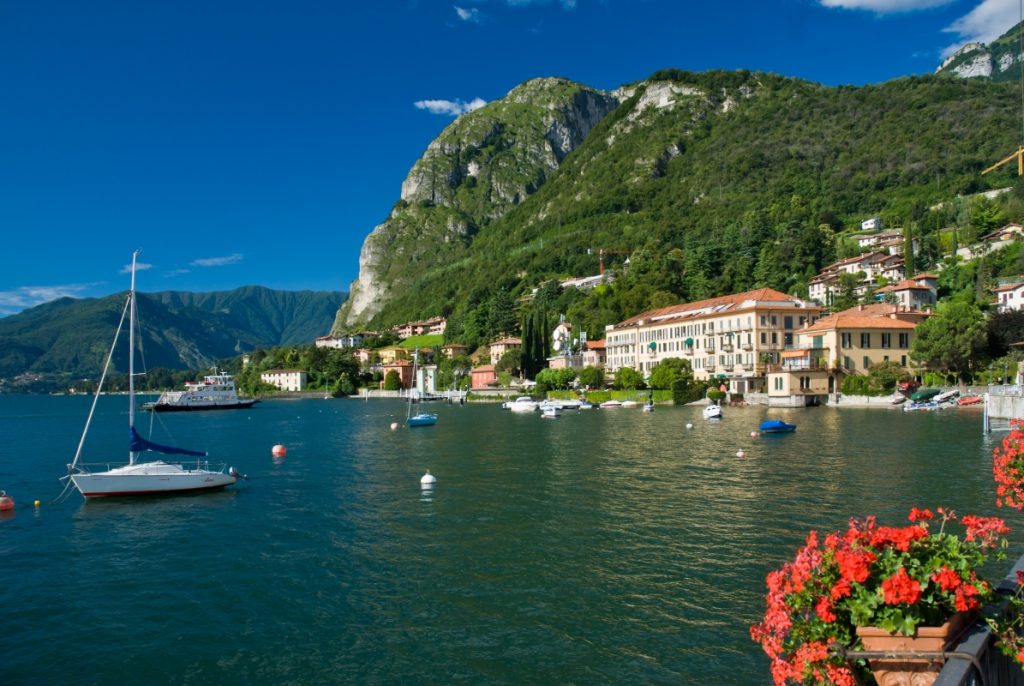 Menaggio village with boats on Lake Como Lombardy
