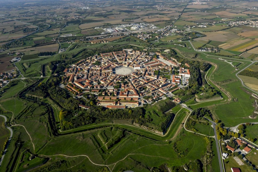 Aerial view of Palmanova’s star-shaped fortress town with historic walls and streets in Friuli-Venezia Giulia