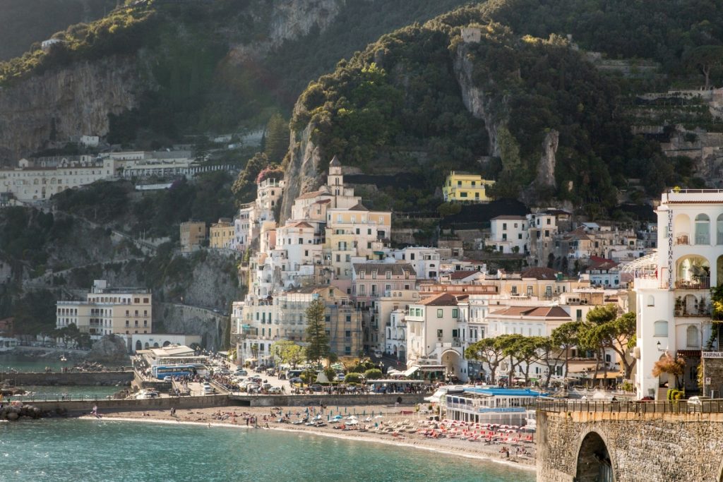 Breathtaking view of the Amalfi Coast with cliffside villages and the Mediterranean Sea.