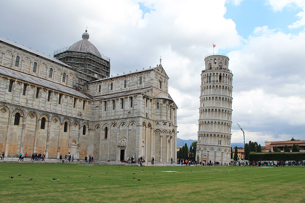 View of Pisa Cathedral and the Leaning Tower, showcasing their alignment within Piazza dei Miracoli