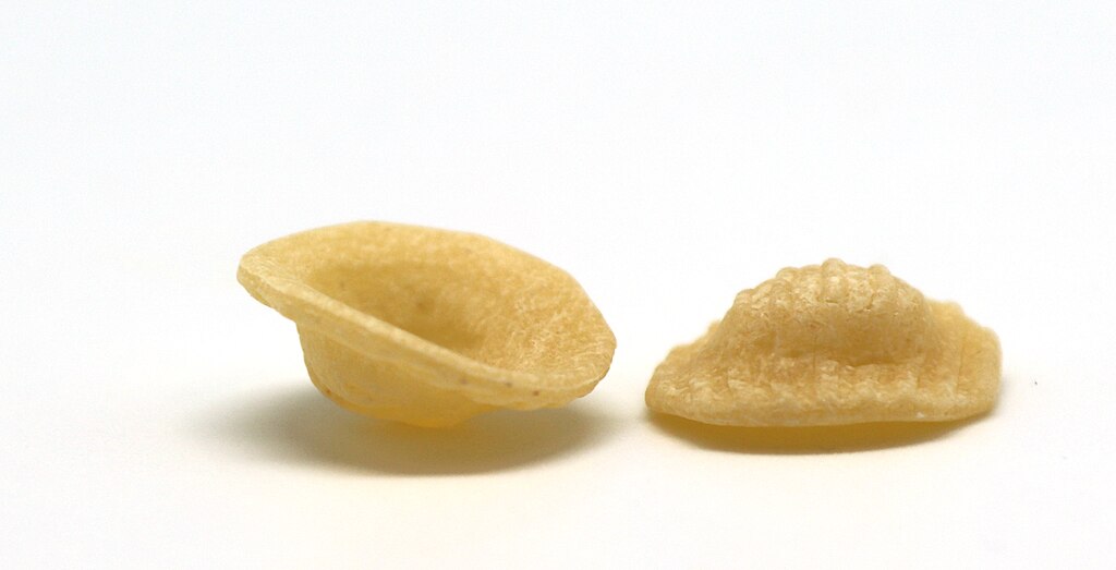Orecchiette pasta closeup on a white background